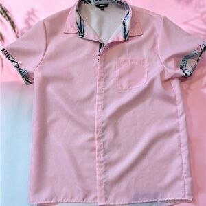 Men's Pink Casual Button Down Shirt with Patterned Collar